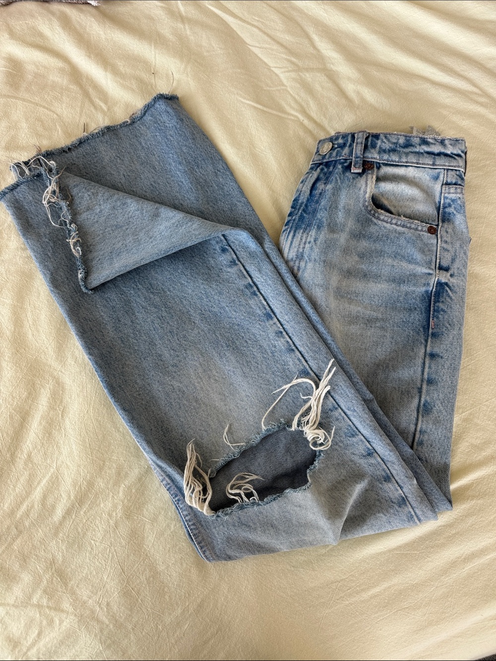 Zara Light Blue Distressed Wide-Leg Jeans
